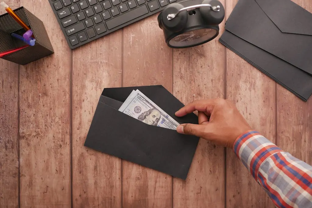 Stop Living Paycheck to Paycheck (Start Now) 1 A hand placing a 100 dollar bill in a black envelope on a wooden desk with stationery, keyboard, and alarm clock.