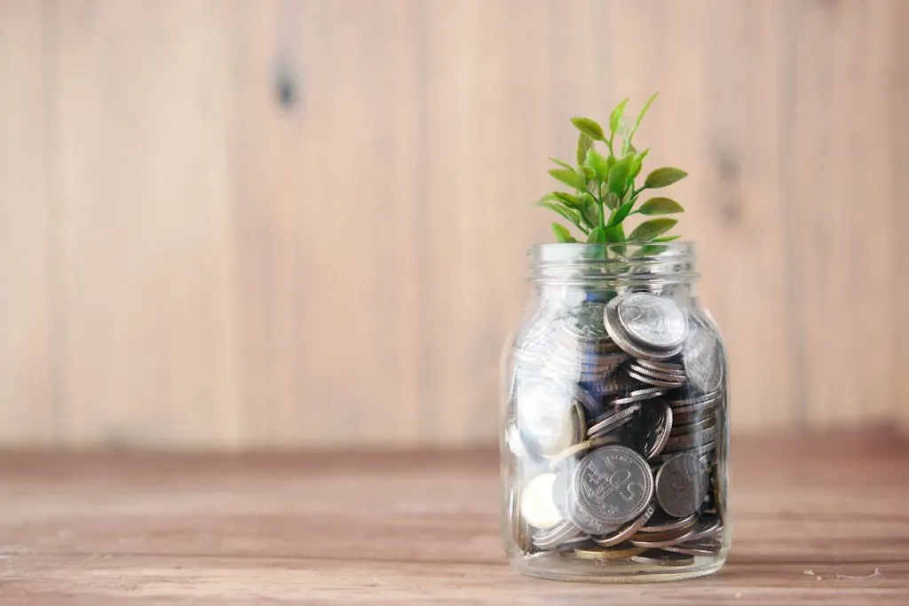 7 Easy Ways to Start Saving Money Today 1 A jar filled with coins and a plant symbolizes growth in savings and investment.